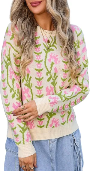 Chunky Sweaters for Women Cute Floral Print Oversized Knit Crewneck Long Sleeve Casual Top