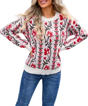 Chunky Sweaters for Women Cute Floral Print Oversized Knit Crewneck Long Sleeve Casual Top