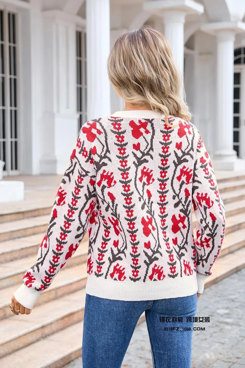 Chunky Sweaters for Women Cute Floral Print Oversized Knit Crewneck Long Sleeve Casual Top