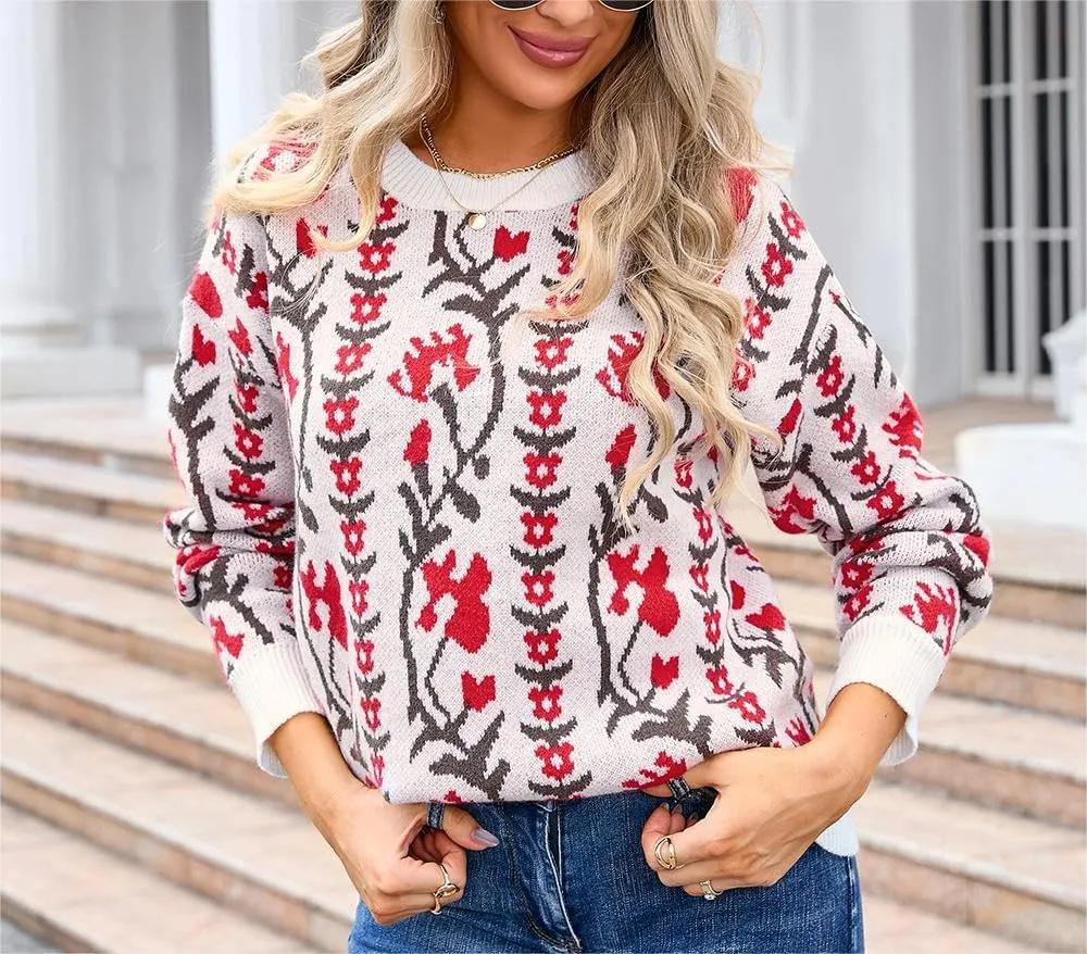 Chunky Sweaters for Women Cute Floral Print Oversized Knit Crewneck Long Sleeve Casual Top