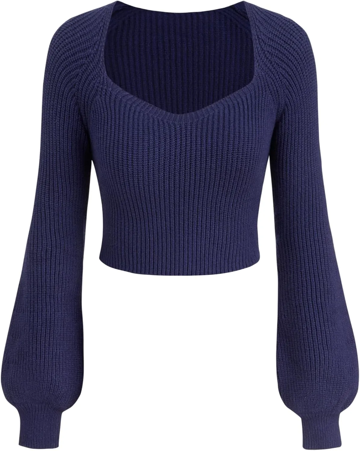 CIDER Women’s Crop Top Sweater Square V Neck Lantern Sleeve Cute Rib Knit Pullover