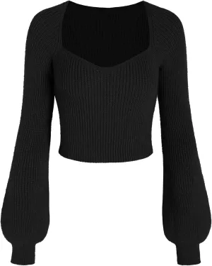 CIDER Women’s Crop Top Sweater Square V Neck Lantern Sleeve Cute Rib Knit Pullover