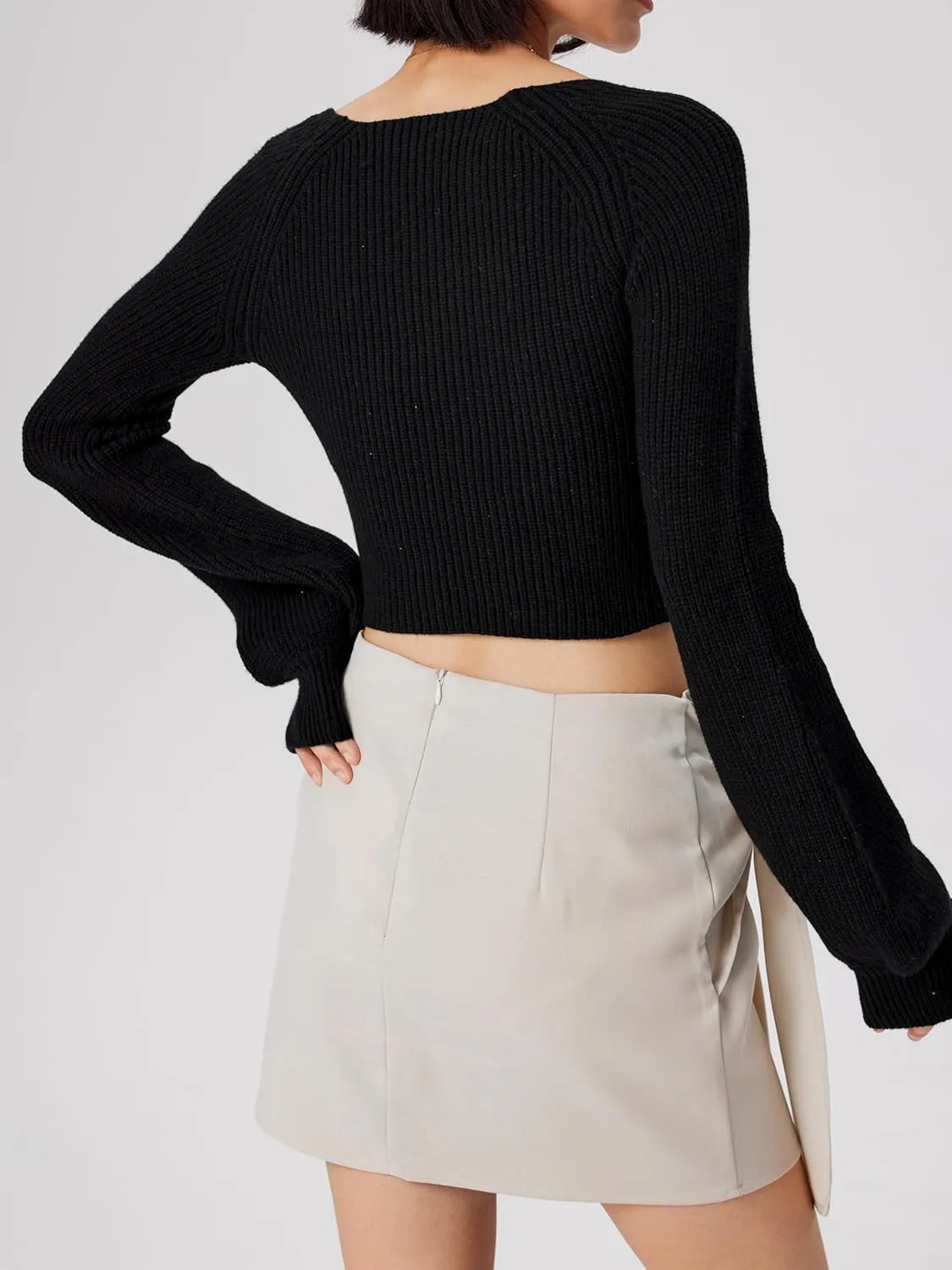 CIDER Women’s Crop Top Sweater Square V Neck Lantern Sleeve Cute Rib Knit Pullover