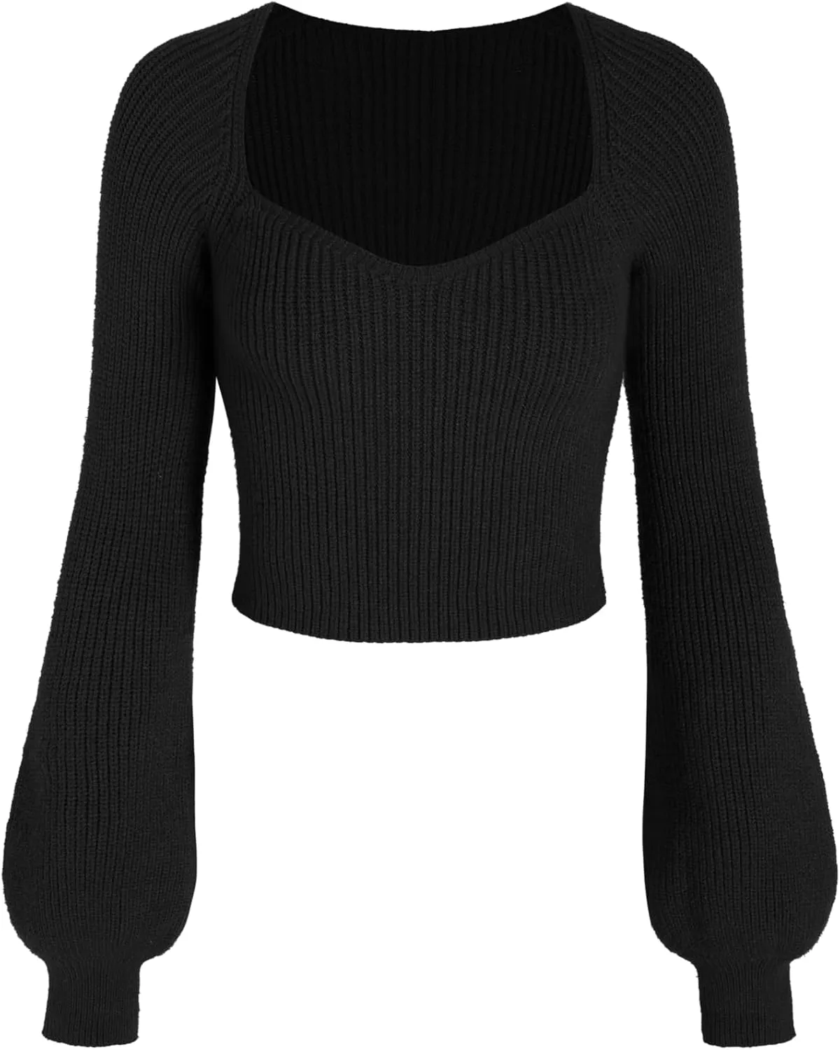 CIDER Women’s Crop Top Sweater Square V Neck Lantern Sleeve Cute Rib Knit Pullover