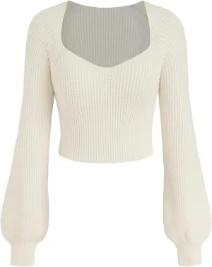CIDER Women’s Crop Top Sweater Square V Neck Lantern Sleeve Cute Rib Knit Pullover