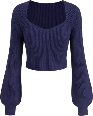 CIDER Women’s Crop Top Sweater Square V Neck Lantern Sleeve Cute Rib Knit Pullover
