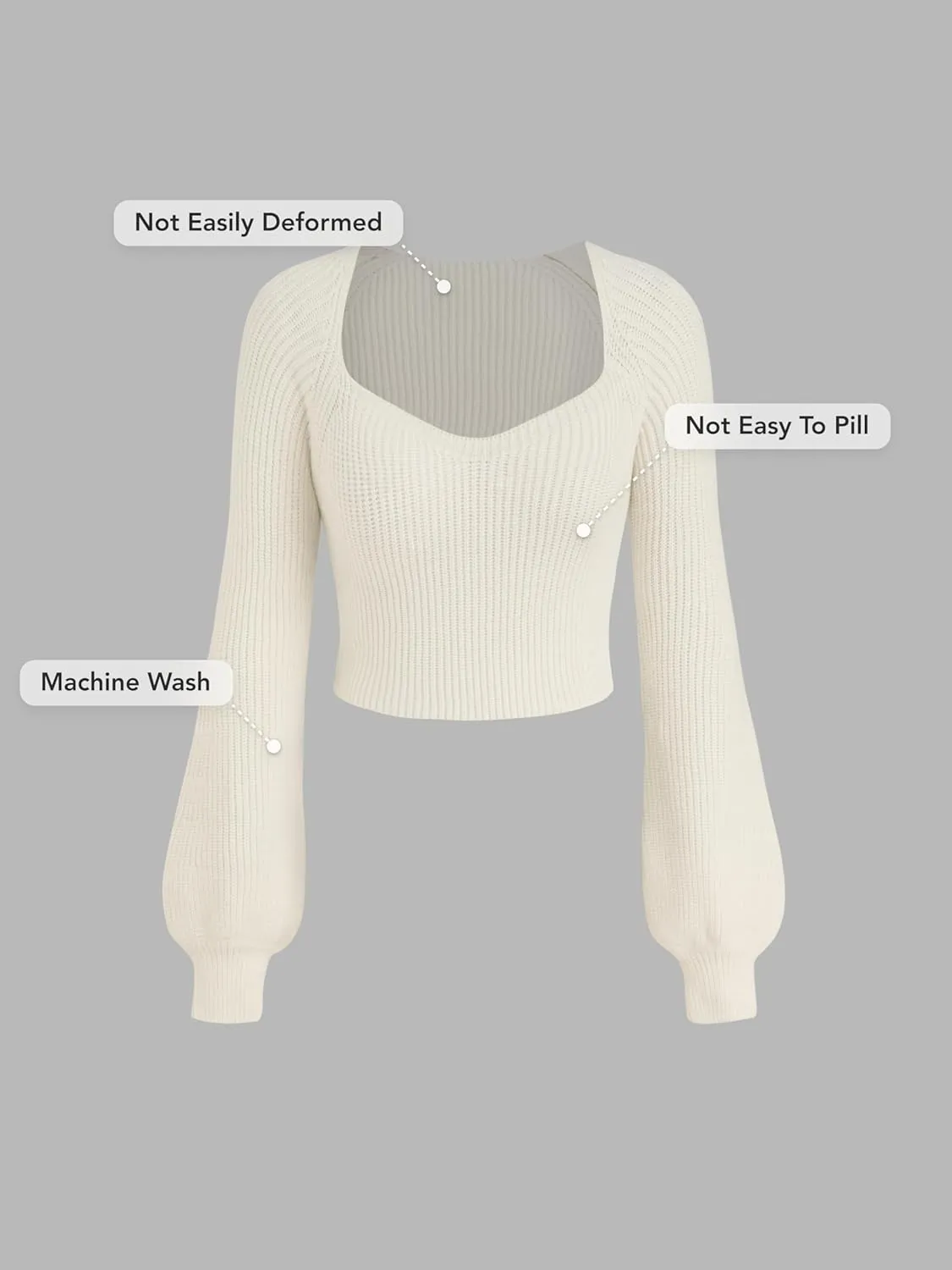 CIDER Women’s Crop Top Sweater Square V Neck Lantern Sleeve Cute Rib Knit Pullover