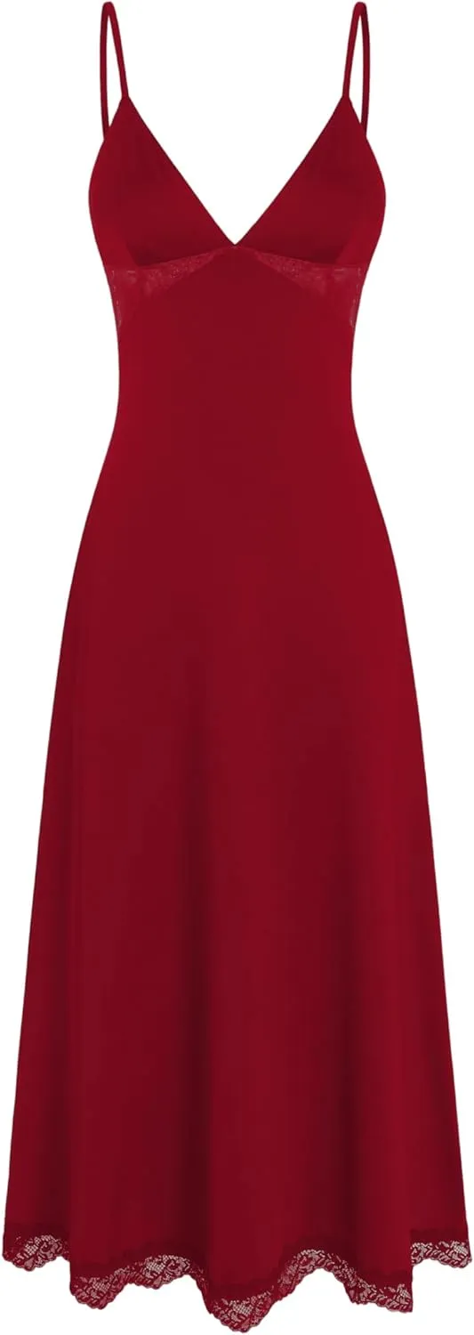 CIDER Women's Summer Semi Formal Dresses Satin Lace V Neck Spaghetti Strap Slip Midi Dress Sexy Dresses Nightgown Party