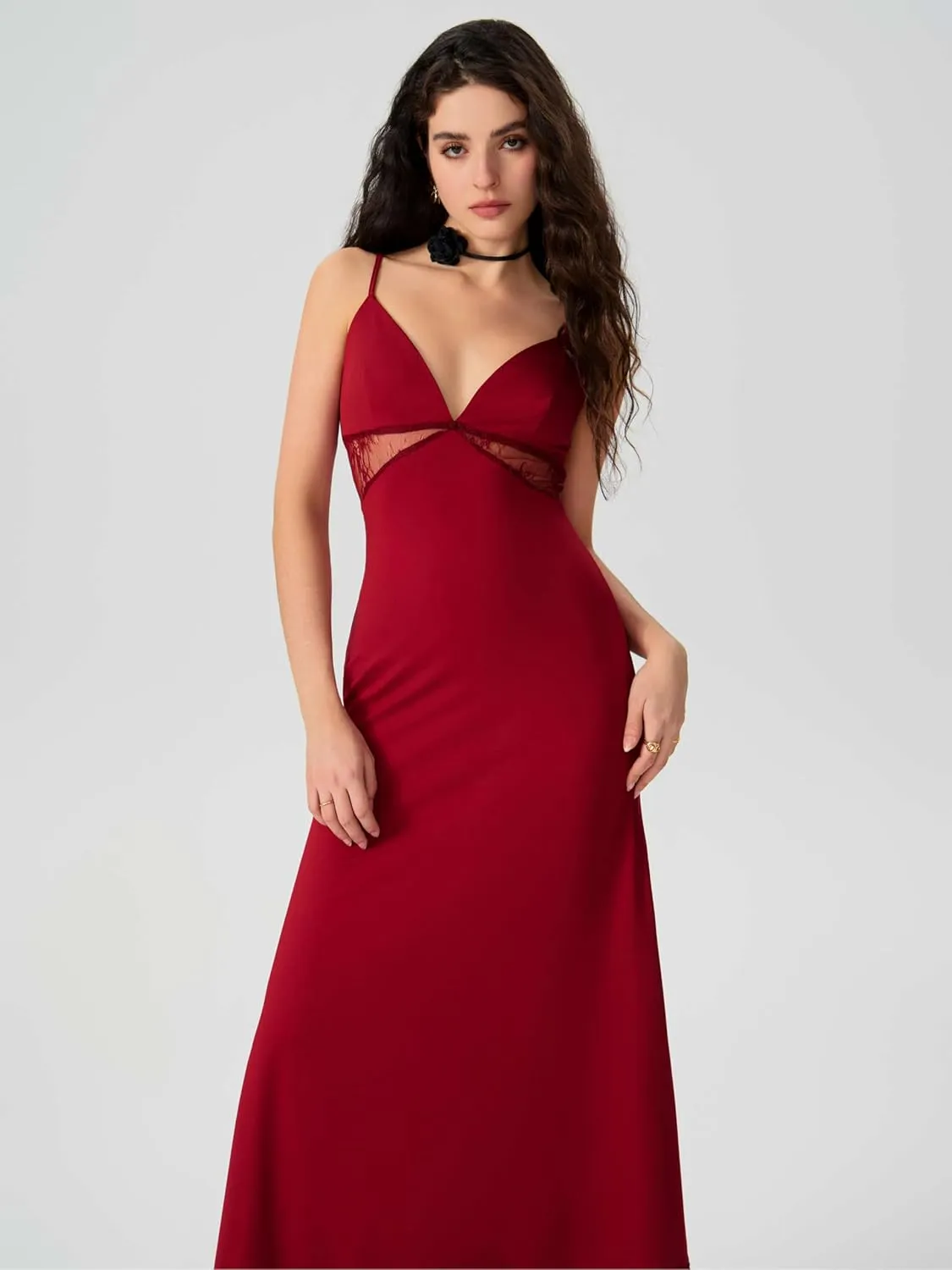CIDER Women's Summer Semi Formal Dresses Satin Lace V Neck Spaghetti Strap Slip Midi Dress Sexy Dresses Nightgown Party