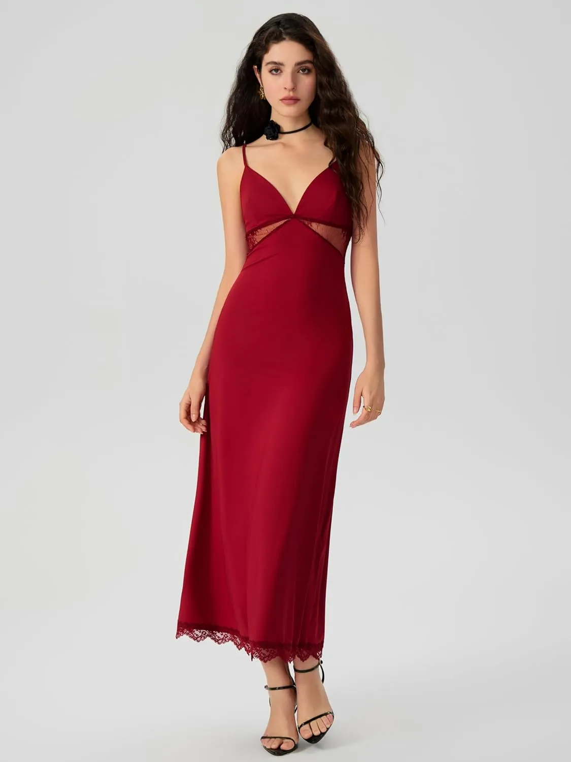 CIDER Women's Summer Semi Formal Dresses Satin Lace V Neck Spaghetti Strap Slip Midi Dress Sexy Dresses Nightgown Party