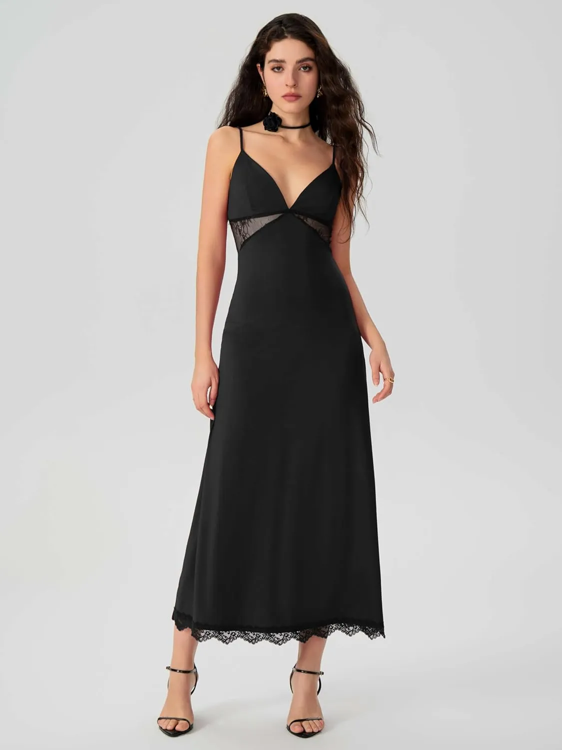 CIDER Women's Summer Semi Formal Dresses Satin Lace V Neck Spaghetti Strap Slip Midi Dress Sexy Dresses Nightgown Party