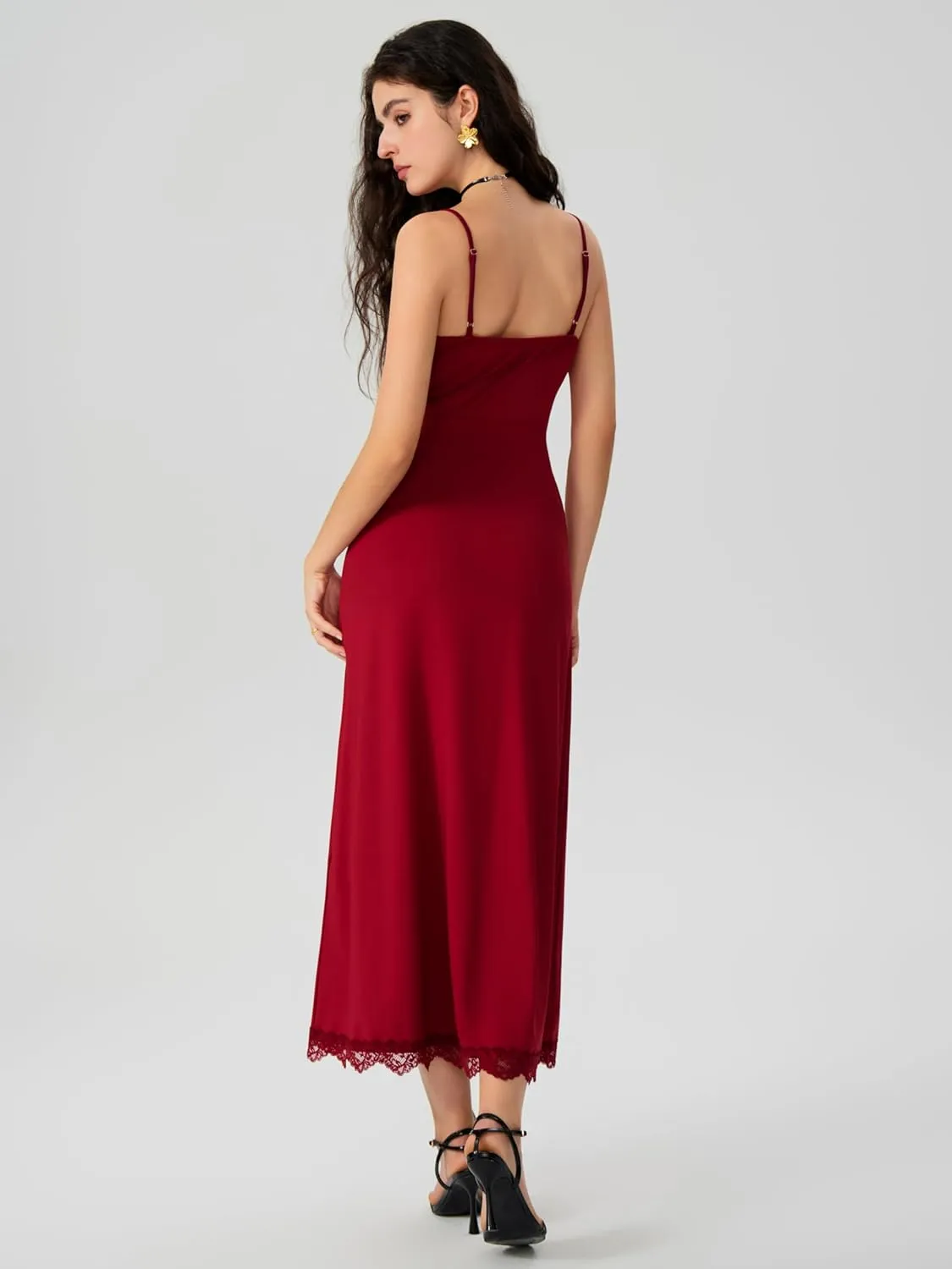 CIDER Women's Summer Semi Formal Dresses Satin Lace V Neck Spaghetti Strap Slip Midi Dress Sexy Dresses Nightgown Party