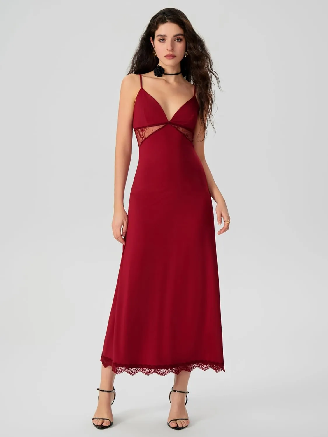 CIDER Women's Summer Semi Formal Dresses Satin Lace V Neck Spaghetti Strap Slip Midi Dress Sexy Dresses Nightgown Party