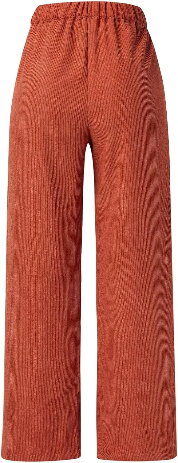 Corduroy Pants for Women 2025 Trendy High Elastic Waist Straight Leg Dress Pants Soft Casual Trousers with Pockets