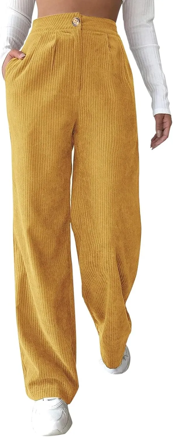 Corduroy Pants for Women 2025 Trendy High Elastic Waist Straight Leg Dress Pants Soft Casual Trousers with Pockets