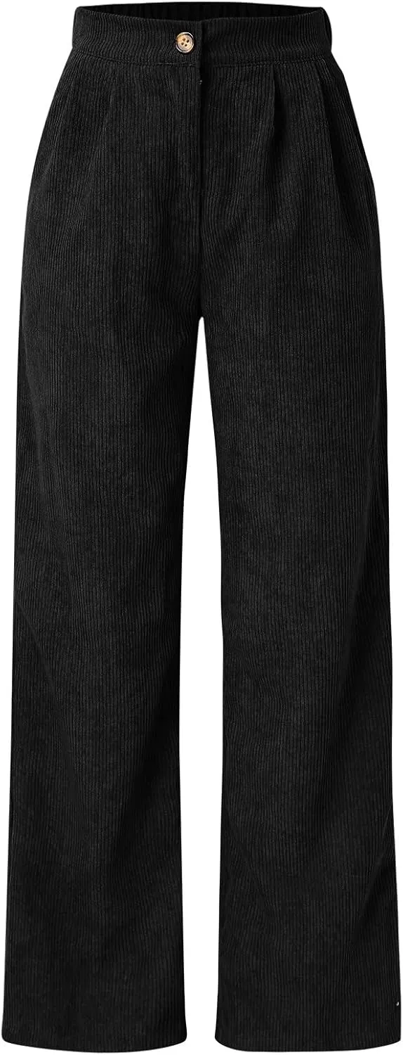Corduroy Pants for Women 2025 Trendy High Elastic Waist Straight Leg Dress Pants Soft Casual Trousers with Pockets