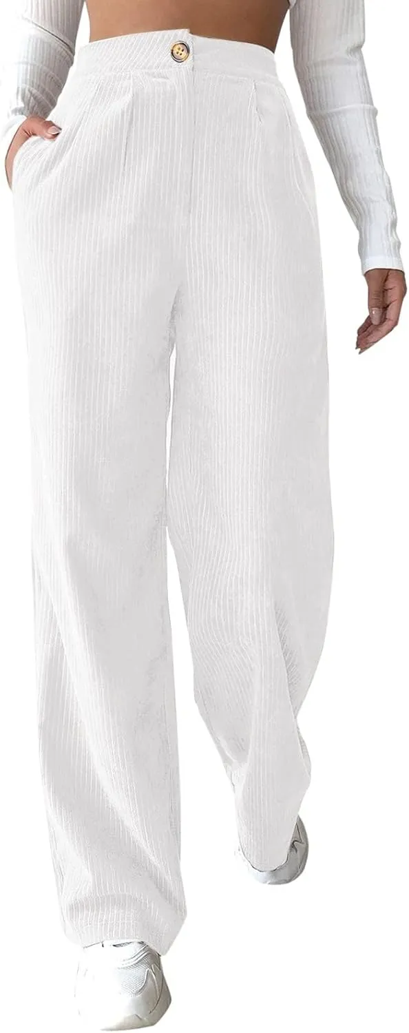 Corduroy Pants for Women 2025 Trendy High Elastic Waist Straight Leg Dress Pants Soft Casual Trousers with Pockets