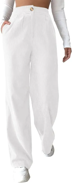 Corduroy Pants for Women 2025 Trendy High Elastic Waist Straight Leg Dress Pants Soft Casual Trousers with Pockets