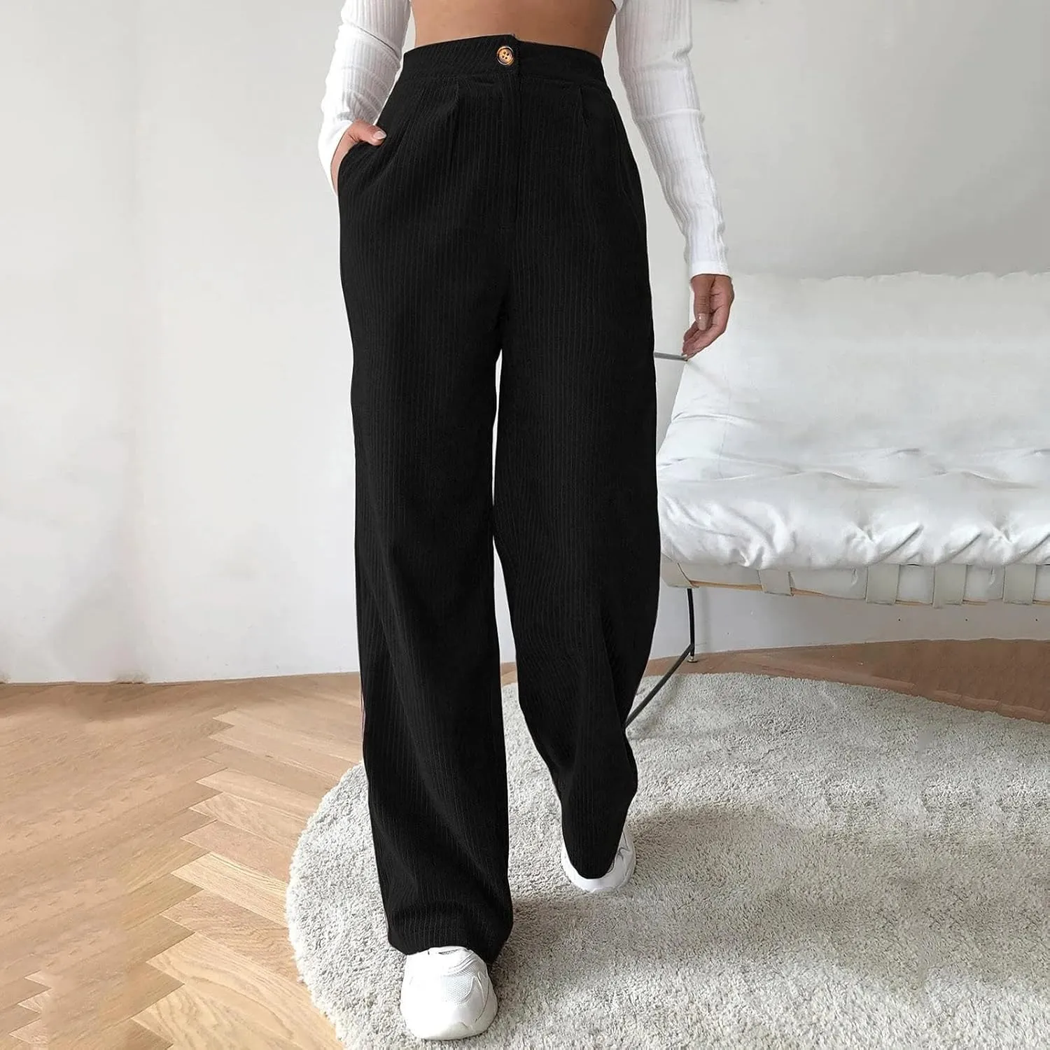 Corduroy Pants for Women 2025 Trendy High Elastic Waist Straight Leg Dress Pants Soft Casual Trousers with Pockets