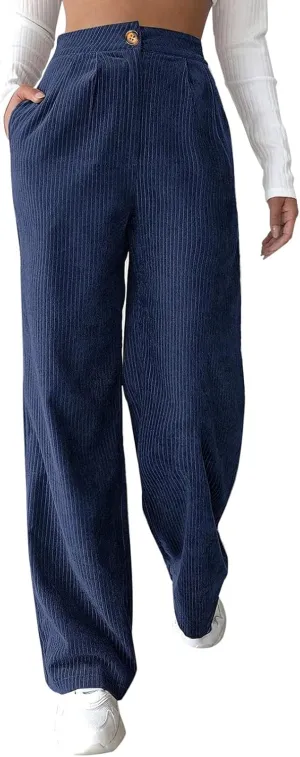 Corduroy Pants for Women 2025 Trendy High Elastic Waist Straight Leg Dress Pants Soft Casual Trousers with Pockets