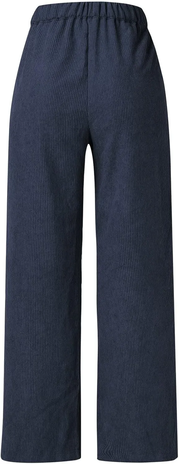 Corduroy Pants for Women 2025 Trendy High Elastic Waist Straight Leg Dress Pants Soft Casual Trousers with Pockets