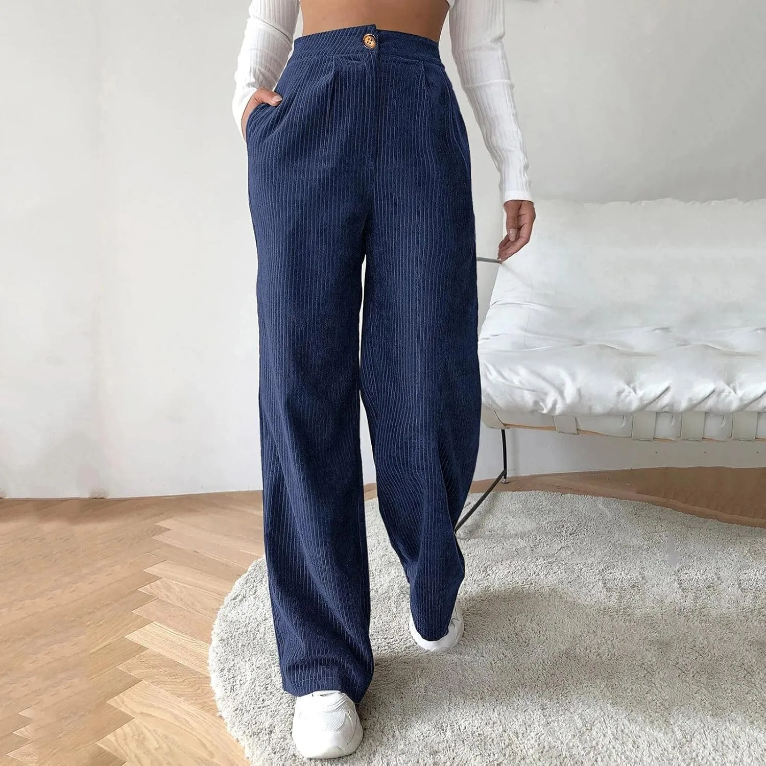 Corduroy Pants for Women 2025 Trendy High Elastic Waist Straight Leg Dress Pants Soft Casual Trousers with Pockets