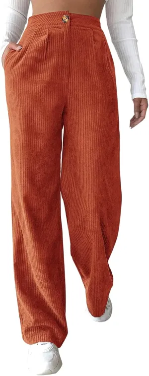 Corduroy Pants for Women 2025 Trendy High Elastic Waist Straight Leg Dress Pants Soft Casual Trousers with Pockets