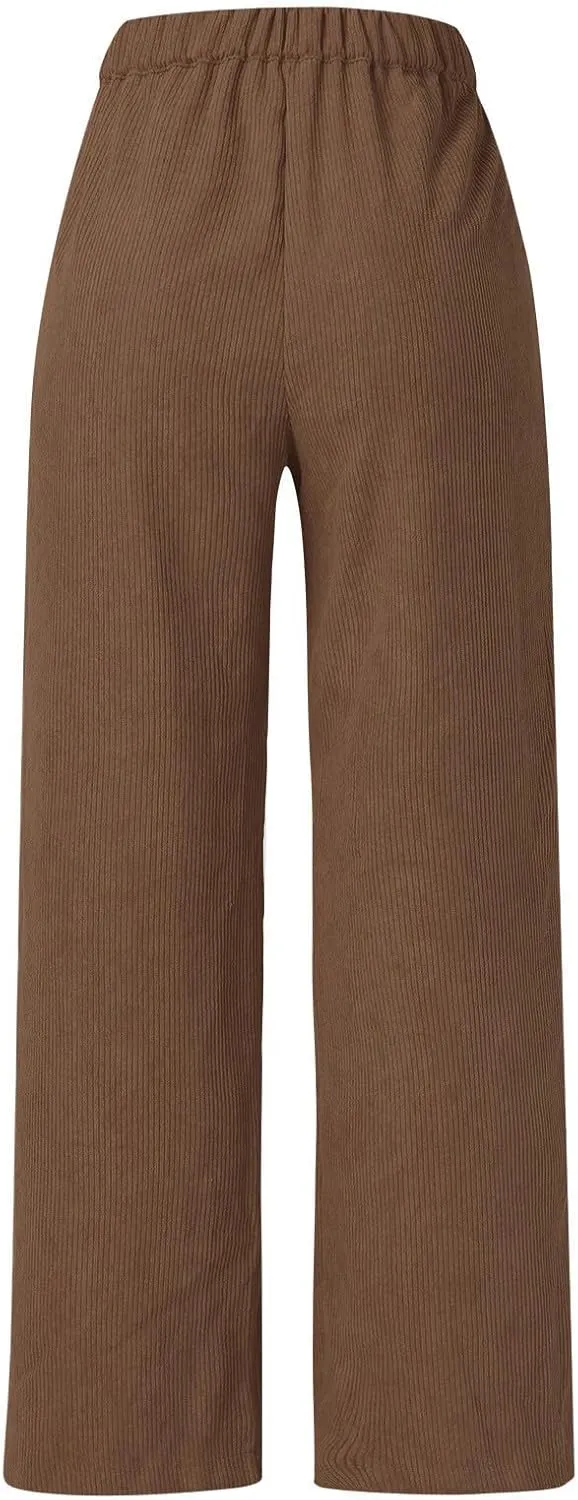 Corduroy Pants for Women 2025 Trendy High Elastic Waist Straight Leg Dress Pants Soft Casual Trousers with Pockets