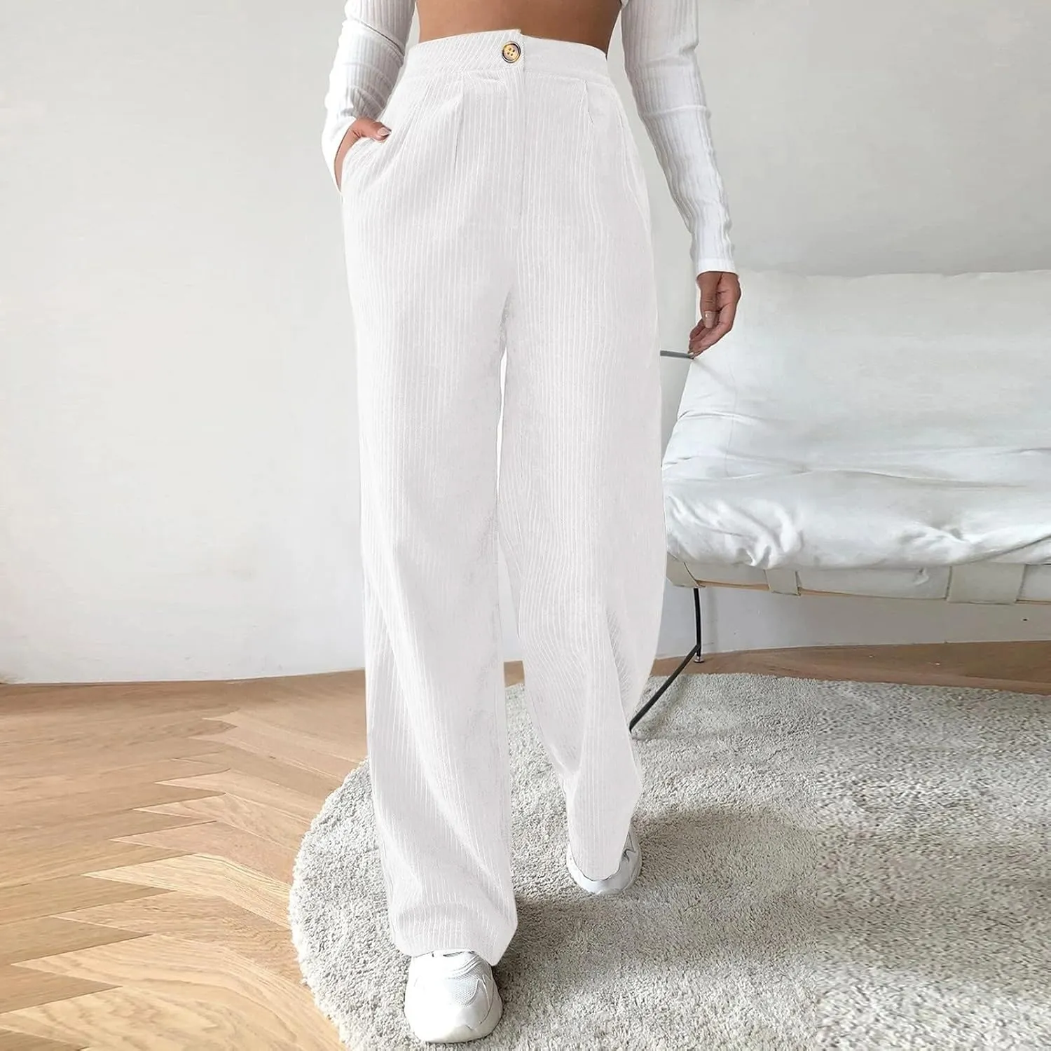 Corduroy Pants for Women 2025 Trendy High Elastic Waist Straight Leg Dress Pants Soft Casual Trousers with Pockets