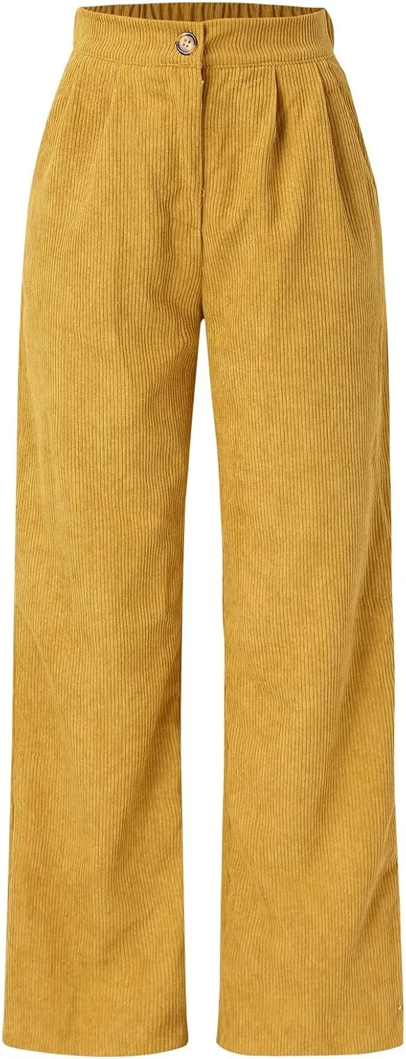 Corduroy Pants for Women 2025 Trendy High Elastic Waist Straight Leg Dress Pants Soft Casual Trousers with Pockets