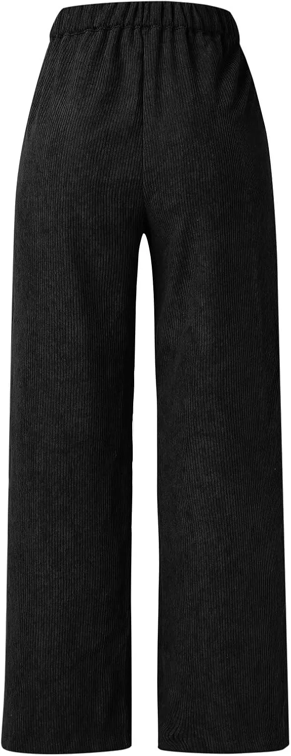 Corduroy Pants for Women 2025 Trendy High Elastic Waist Straight Leg Dress Pants Soft Casual Trousers with Pockets