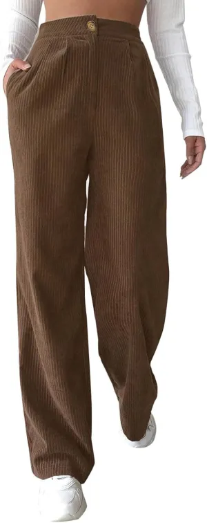 Corduroy Pants for Women 2025 Trendy High Elastic Waist Straight Leg Dress Pants Soft Casual Trousers with Pockets