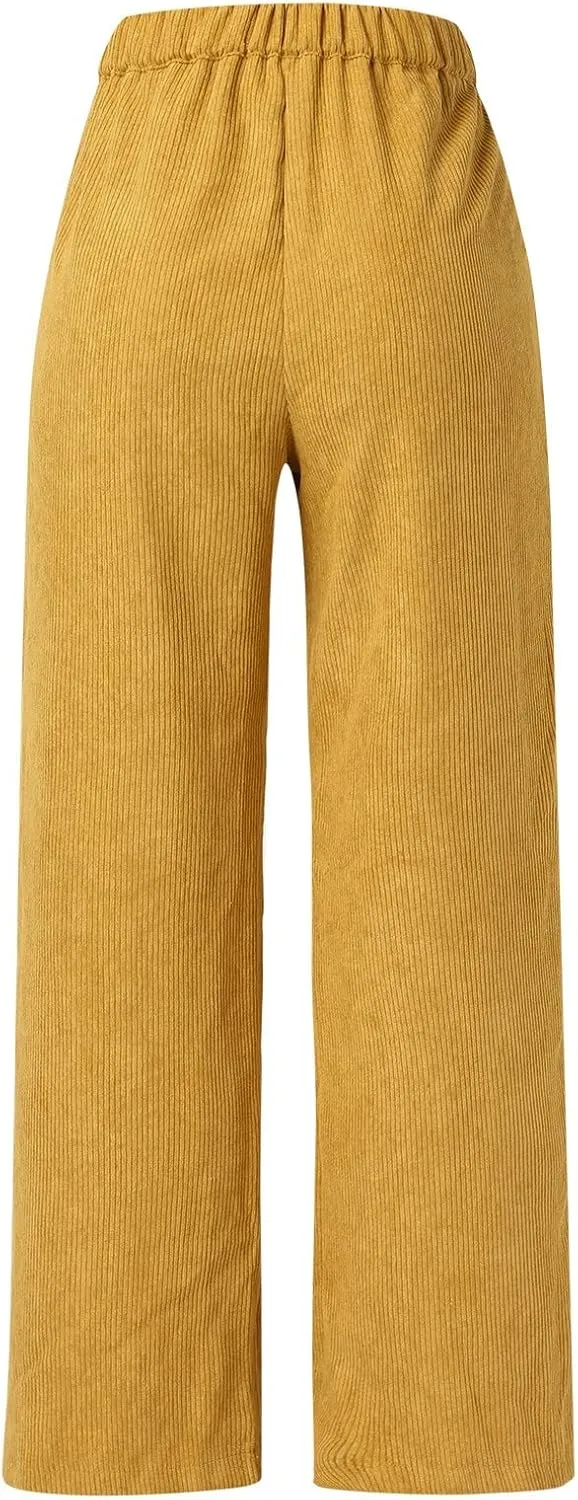 Corduroy Pants for Women 2025 Trendy High Elastic Waist Straight Leg Dress Pants Soft Casual Trousers with Pockets