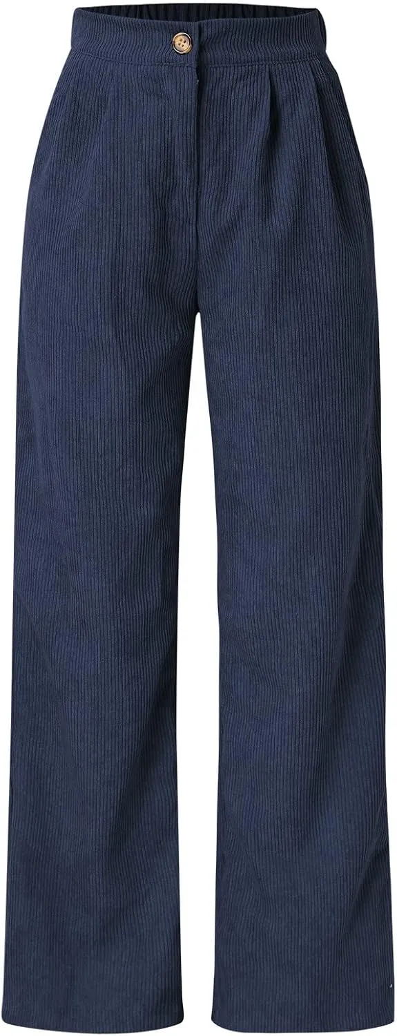Corduroy Pants for Women 2025 Trendy High Elastic Waist Straight Leg Dress Pants Soft Casual Trousers with Pockets