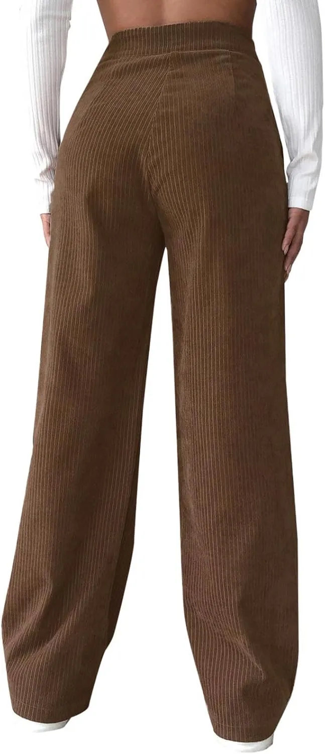 Corduroy Pants for Women 2025 Trendy High Elastic Waist Straight Leg Dress Pants Soft Casual Trousers with Pockets