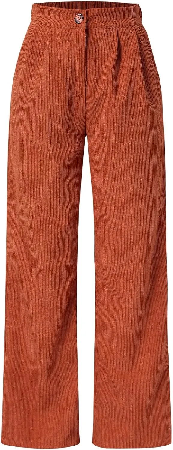 Corduroy Pants for Women 2025 Trendy High Elastic Waist Straight Leg Dress Pants Soft Casual Trousers with Pockets