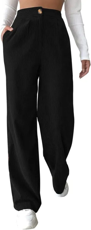 Corduroy Pants for Women 2025 Trendy High Elastic Waist Straight Leg Dress Pants Soft Casual Trousers with Pockets