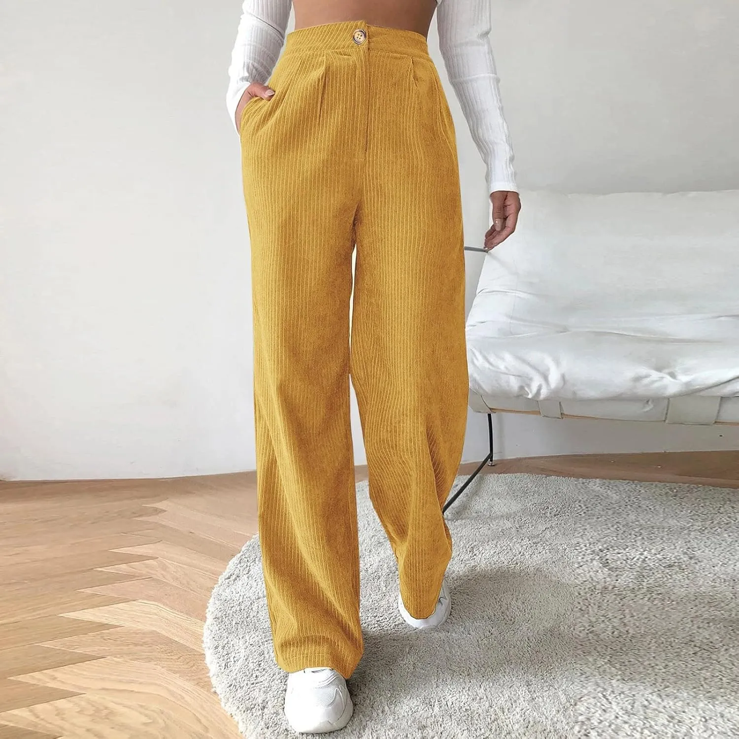 Corduroy Pants for Women 2025 Trendy High Elastic Waist Straight Leg Dress Pants Soft Casual Trousers with Pockets