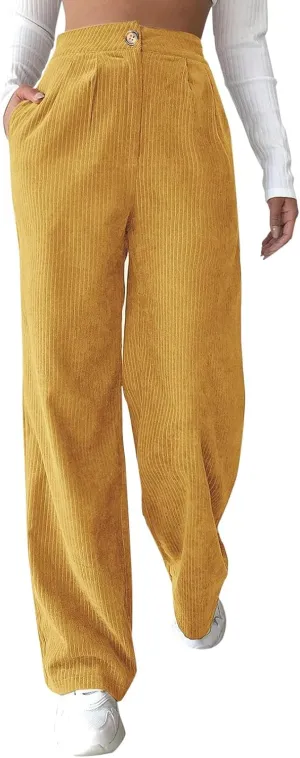 Corduroy Pants for Women 2025 Trendy High Elastic Waist Straight Leg Dress Pants Soft Casual Trousers with Pockets