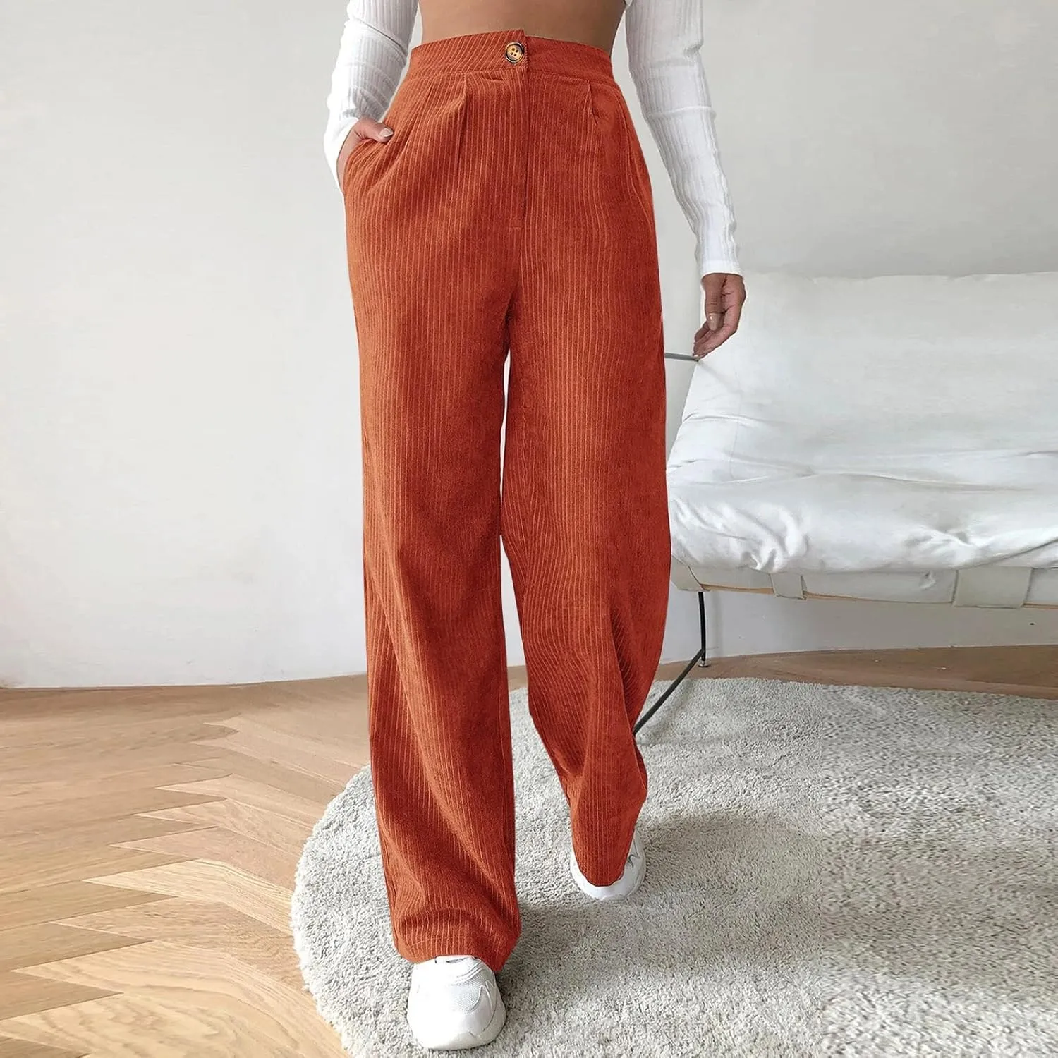 Corduroy Pants for Women 2025 Trendy High Elastic Waist Straight Leg Dress Pants Soft Casual Trousers with Pockets