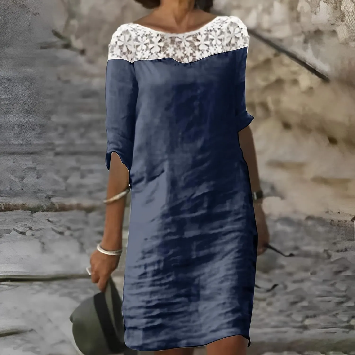 Cotton Linen Dress for Women,Summer Trendy Lace Patchwork Midi Dress Casual Crewneck Short Sleeve Plain Beach Dress
