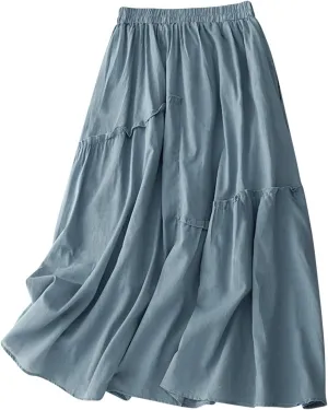Cotton Linen Skirts for Women Summer Elastic Waisted Swing Tiered Double Layerd Maxi Skirts Irregular Ruffle Lightweight