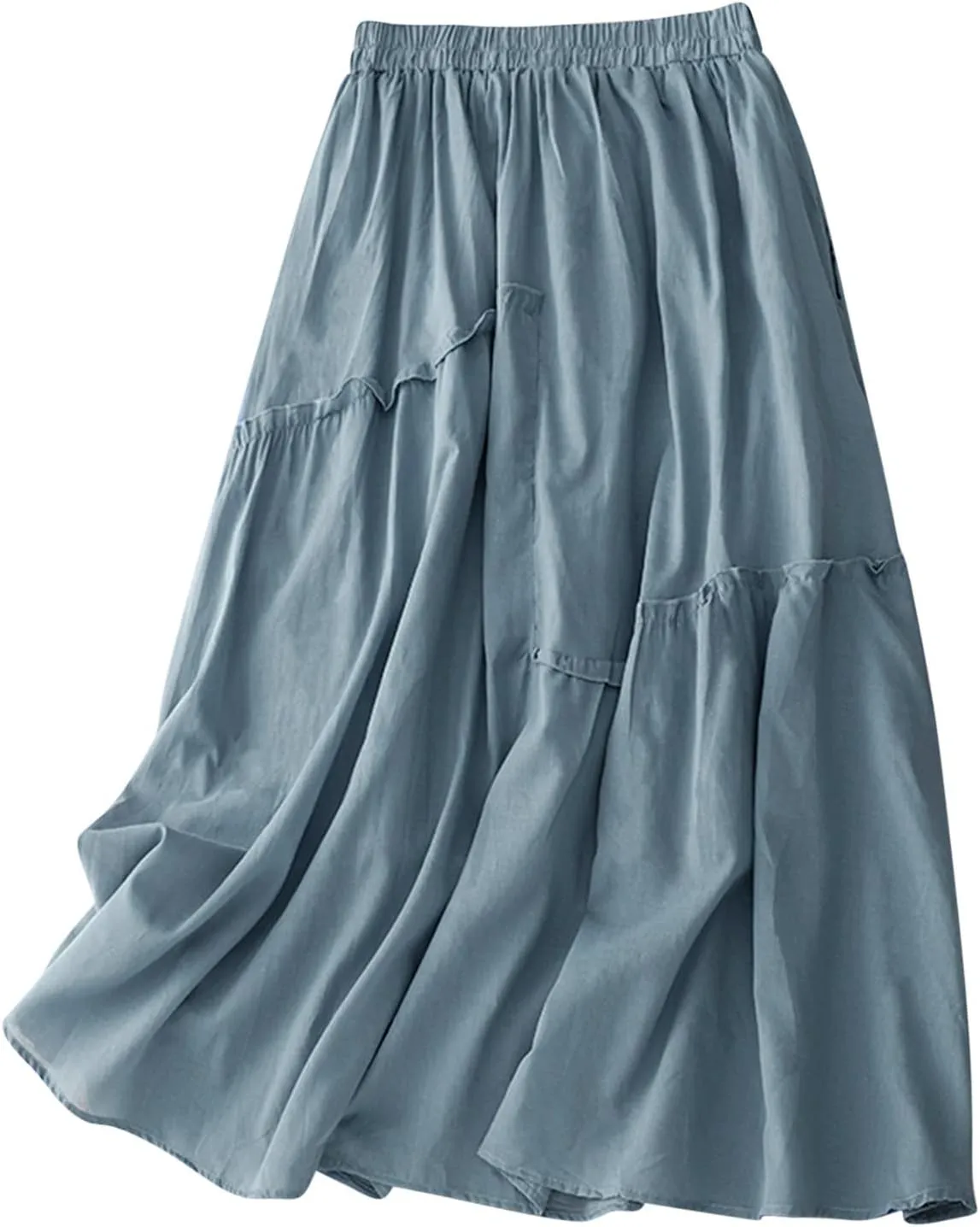 Cotton Linen Skirts for Women Summer Elastic Waisted Swing Tiered Double Layerd Maxi Skirts Irregular Ruffle Lightweight