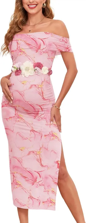CYCLAMEN Off Shoulder Maternity Mesh Split Dress Ruched Fitted Pregnancy Dresses Baby Shower Photoshoot, Without Belt