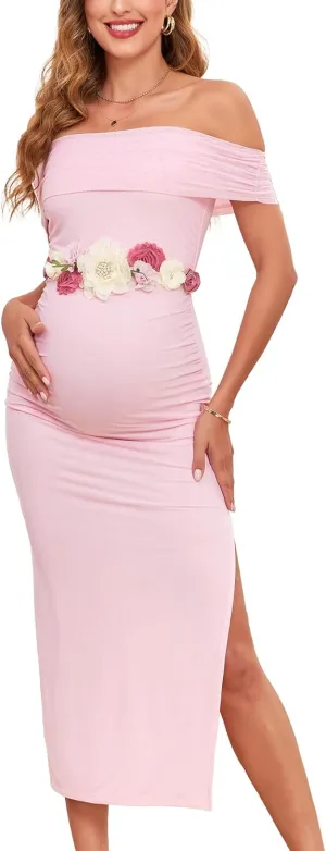 CYCLAMEN Off Shoulder Maternity Mesh Split Dress Ruched Fitted Pregnancy Dresses Baby Shower Photoshoot, Without Belt