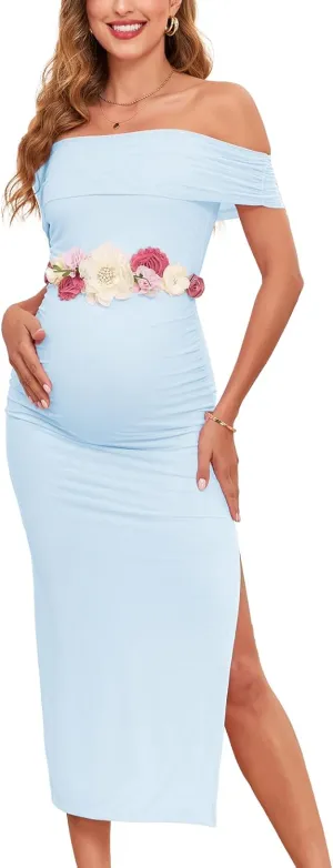 CYCLAMEN Off Shoulder Maternity Mesh Split Dress Ruched Fitted Pregnancy Dresses Baby Shower Photoshoot, Without Belt