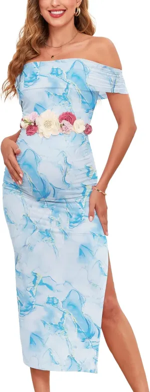 CYCLAMEN Off Shoulder Maternity Mesh Split Dress Ruched Fitted Pregnancy Dresses Baby Shower Photoshoot, Without Belt