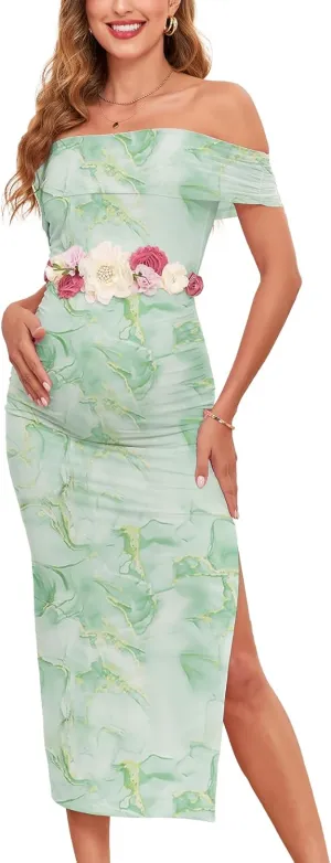 CYCLAMEN Off Shoulder Maternity Mesh Split Dress Ruched Fitted Pregnancy Dresses Baby Shower Photoshoot, Without Belt