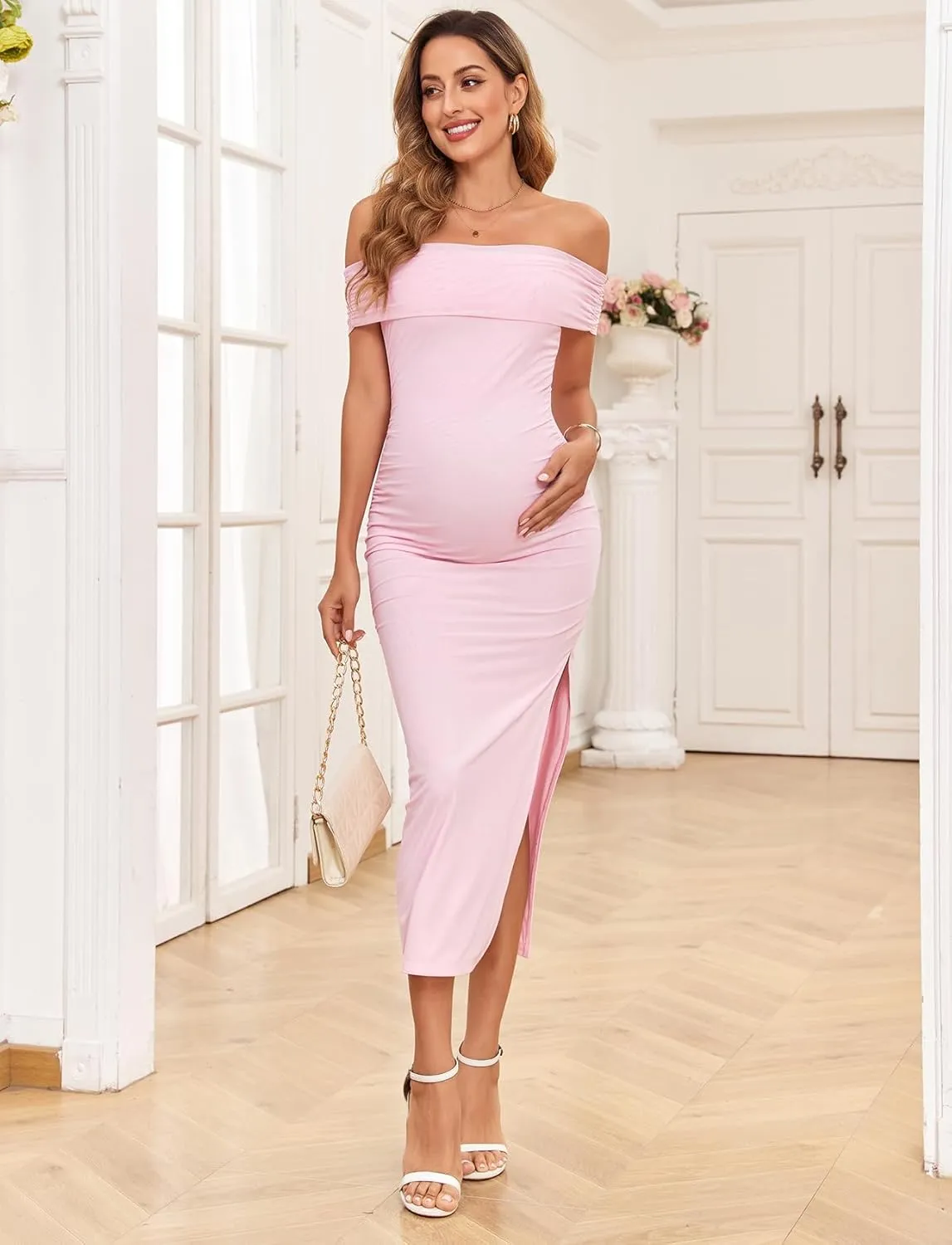 CYCLAMEN Off Shoulder Maternity Mesh Split Dress Ruched Fitted Pregnancy Dresses Baby Shower Photoshoot, Without Belt