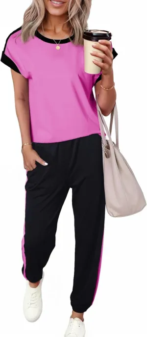 Dokotoo Women's 2 Piece Outfits Sweatsuit Colorblock Comfy Lounge Sets Knit Short Sleeve Jogger Sweatpants Tracksuits